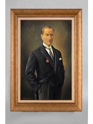 Giyense Altın Varaklı Çerçeveli Paspartulu Atatürk Tablo S5E364