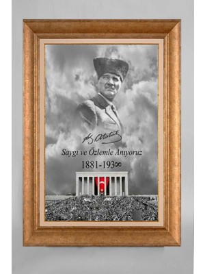 Giyense Altın Varaklı Çerçeveli Paspartulu Atatürk Tablo S5E780