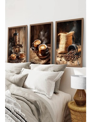 KutuTR Kahverengi Ahşap Çerçeveli 2duv Baskı 3’lü Mdf Tablo–espresso Makinesi Kahve Çekirdeği-Kahve CRV1002