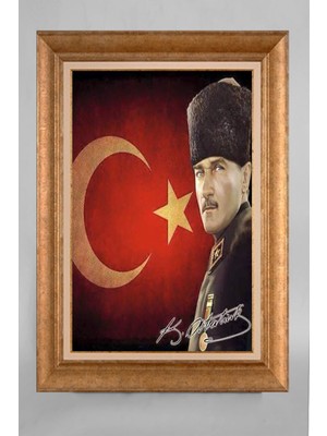 Giyense Altın Varaklı Çerçeveli Paspartulu Atatürk Tablo S5E802