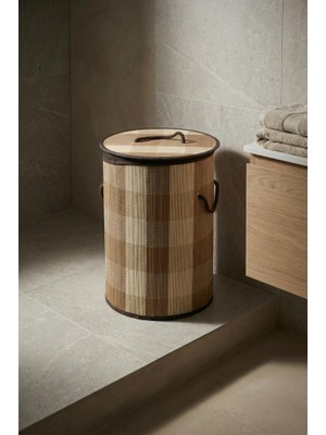 Acar Bambu Yuvarlak Katlanabilir Açık Kahve Çamaşır Sepeti