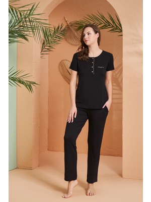 Pjs Dreaming Kadın Gold Detaylı Yaka Düğmeli Kısa Kol Pijama Takım