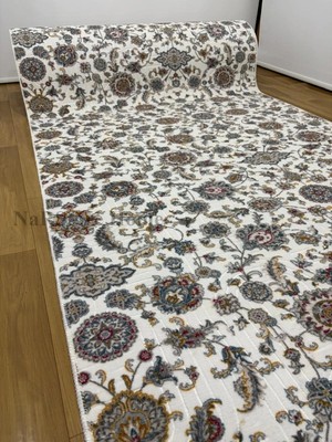 NarStore Home Çiçekli Otantik Desen Mavi Krem Kaymaz Taban Yıkanabilir Kesme Yolluk Halı