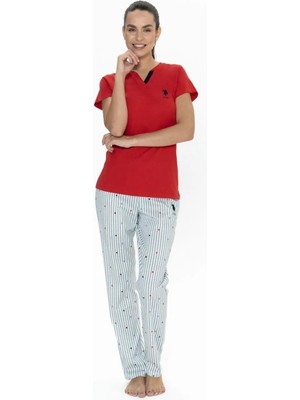 U.S. Polo Assn. Kadın V Yaka Yarım Kollu Patlı Çizgili Pijama Takım