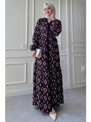 inStyle Üçgen Desen Ebruli Viskon Mor Elbise