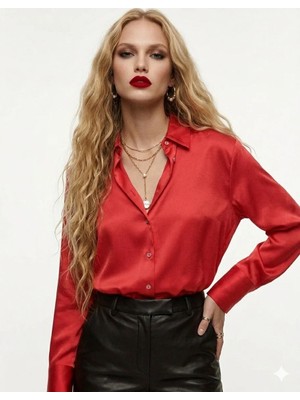 Ribana Classic Kadın V Yaka Uzun Kollu  Sedef Düğmeli Saten Gömlek 3140