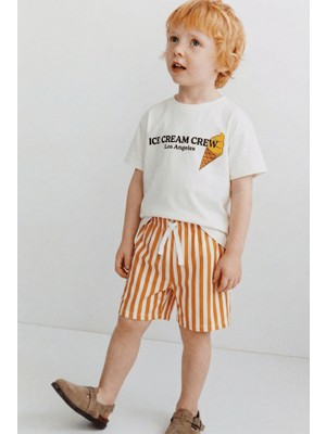 Magu Unisex Çocuk Pamuklu Beyaz Dondurma Baskılı T-Shirt ve Çizgili Şort Takım - Yazlık