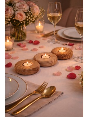 Efholde Ahşap Doğal Dekoratif Yassı Daire Mumluk Şamdan 3' Lü