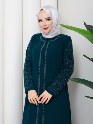 Eslemnur Kolları Taşlı Büyük Beden Anne Elbisesi