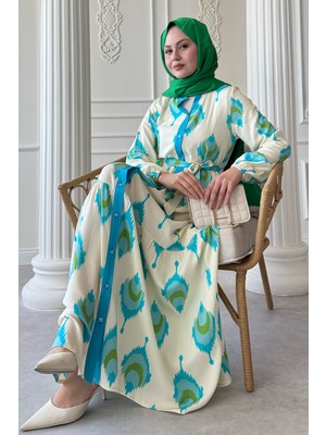inStyle Ikat Desen Turkuaz Viskon Elbise