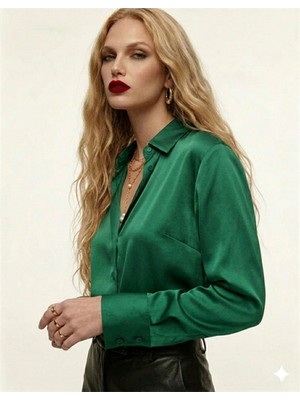 Ribana Classic Kadın V Yaka Uzun Kollu  Sedef Düğmeli Saten Gömlek 3140