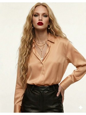 Ribana Classic Kadın V Yaka Uzun Kollu  Sedef Düğmeli Saten Gömlek 3140