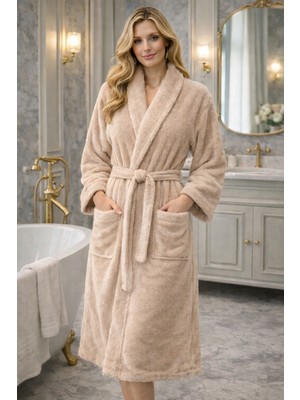 Tekstil Stokları Şal Yaka Cepli Pamuklu Unisex Kadın Erkek Bornoz Açık Kahve