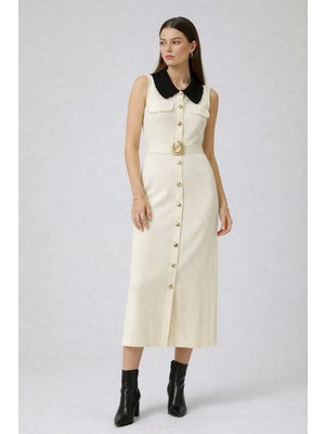 On Triko Önlük Yaka Beli Kemerli Süs Düğmeli Elbise 70412