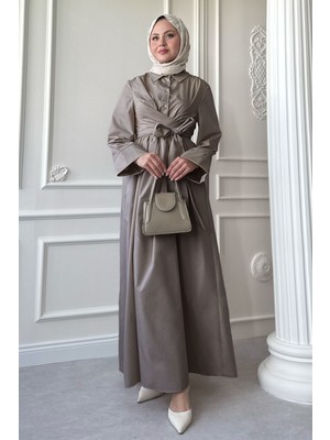 inStyle Geniş Kol Bağlama Detay Poplin Vizon Elbise