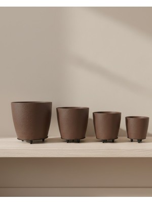 İntora 4’lü 3D Kahverengi Dekoratif Vazo Seti Ayaklı Saksı Takımı