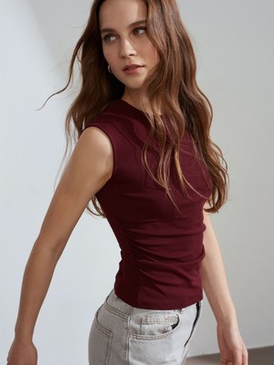 Dilvin 21054 Büzgülü Basic T-Shirt-Ekru