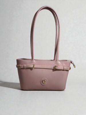 Januga Kadın Pembe Kemer Detaylı Kaliteli Astarlı Rugan Parlak Deri Fermuar Kapama El ve Omuz Çantası