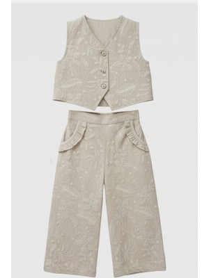 Magu Kız Çocuk Pamuklu Bej Nakışlı Yelek ve Pantolon Takım