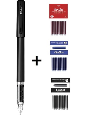 Scrikss Primeo Dolma Kalem Siiyah & Kırmızı - Mavi - Siyah Kartuş Set