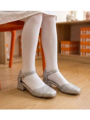 Surpie Shoes Kısa Topuklu Ayakkabı Kız Çocuk İçin Gümüş Simli Kalın Tabanlı Şık Tasarım
