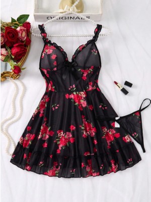 albonse Kadın Fantazi Iç Giyim Takımı Transparan Siyah Babydoll String Set