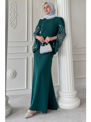 inStyle Kesik Kol Detay Taşlı Zümrüt Yeşili Abiye