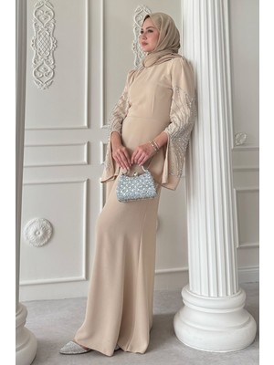 inStyle Kesik Kol Detay Taşlı Bej Abiye