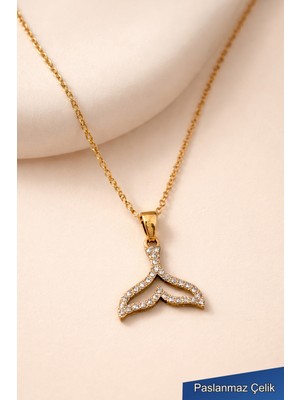 Trend Collection Zirkon Taşlı Balina Kuyruğu Kadın Çelik Kolye – Gold