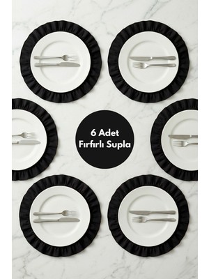 Morlay 6'lı Amerikan Servisi Yuvarlak Supla Seti - Fırfırlı Pamuk Keten, 40 cm - Siyah Renk