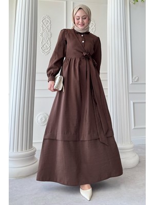 inStyle Düğme Detay Çapraz Bağlamalı Modal Acı Kahve Elbise