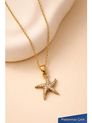 Trend Collection Taşlı Deniz Yıldızı Kolye - Gold Renk Paslanmaz Çelik Kadın Kolye
