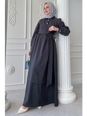 inStyle Düğme Detay Çapraz Bağlamalı Modal Antrasit Elbise