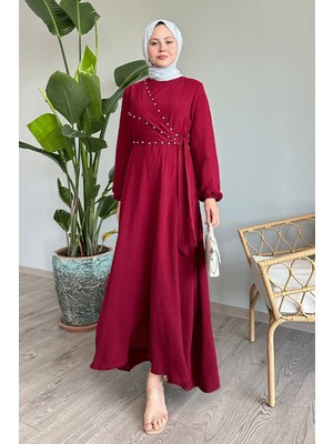 inStyle Incili Önü Bağlamalı Bordo Ayrobin Elbise