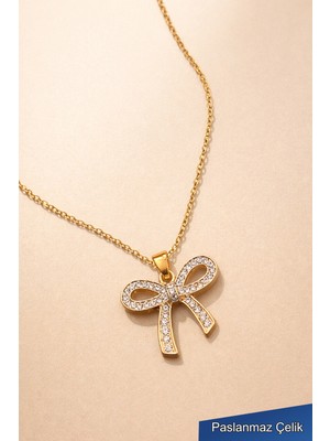 Trend Collection Zirkon Taşlı Fiyonk Figürlü Çelik Kolye – Gold Renk Kadın Kolye