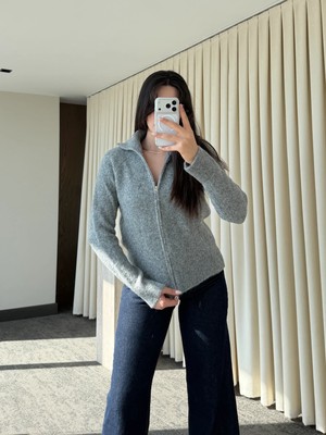 Laluvia Gri Balıkçı Yaka Çift Fermuarlı Hırka - 251108