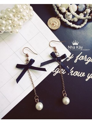 Shiklik Siyah Kurdele ve Inci Zincir Detaylı Gold Renk Küpe