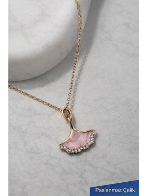 Trend Collection Pembe Yaprak Taşlı Çelik Kolye – Zarif Gold Kadın Kolye