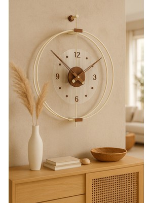 Wallover Design Büyük Boy Rosa Bej/Ceviz Premium - Kırılmaz Camlı Özel Quartz Mekanizmalı Sessiz Duvar Saati 50X65