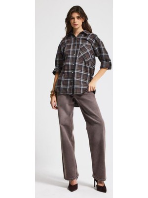 It's Basic Kadın Kahve Ekose S6-23 Oversize Bol Kesim Pamuk Gömlek
