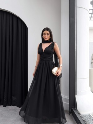 Esra Helvacı Şallı Bel Drapeli Şifon Maxi Elbise