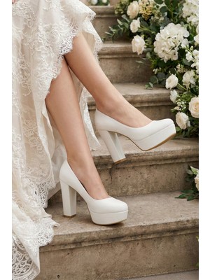 Erkan Saçmacı Lina Beyaz Vegan Yuvarlak Burun Kalın Platform Topuklu Gelin Ayakkabısı