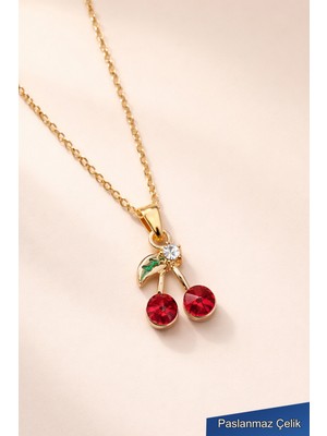 Trend Collection Kiraz Model Taş Detaylı Gold Çelik Kolye – Zarif Kadın Kolyesi