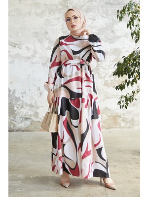 inStyle Delya Parça Desen Kuşaklı Elbise - Bordo