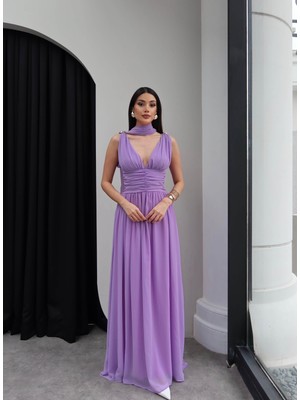 Esra Helvacı Şallı Bel Drapeli Şifon Maxi Elbise