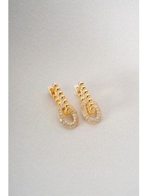 Two Arts Kadın 925 Ayar Gümüş Küpe Boncuk Detaylı Taşlı Oval Küpe | 14 Ayar Altın Kaplama