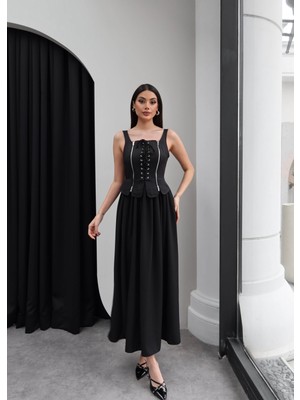 Esra Helvacı Askılı Korse Detay Fermuarlı Uzun Elbise