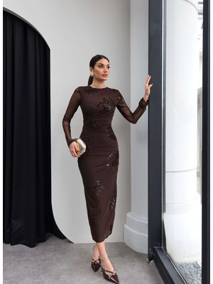 Esra Helvacı Varaklı Kol Transparan Midi Elbise