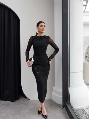 Esra Helvacı Varaklı Kol Transparan Midi Elbise