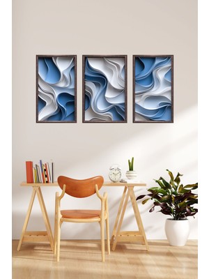 Dijidepo 3 Parçalı Modern Soyut Mavi Dalga Desenli Uv Baskı Folyo Tablo Seti - 3D Görünümlü Duvar Dekoru
